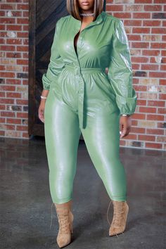 Fitted Green Jumpsuits And Rompers For Fall, Green Long Sleeve Jumpsuit For Fall, Mint Green Fashion, Leather Button Up, Jumpsuit Fall, Leather Jumpsuit, Pocket Jumpsuit, Belt Jumpsuit, Winter Formal