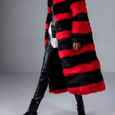 Get Ready For Fabulousness! The Akira Label Reddy For It Red And Black Faux Fur Long Jacket (Size Medium)Features Ultra Plush Faux Fur Panels Across The Entire Body, A Fold Over Collar, Long Sleeves, Extended Duster Silhouette, And An Open Front Design. Wear This Over A Sexy Black Mini Dress On A Night Out And Feel Like A Million Bucks!- Self 90% Acrylic, 10% Polyester, Lining: 100% Polyester- Dry Clean Only- 48” Shoulder To Hem- 25” Sleeves(Approx. Measured From Size Small)- Model Is Wearing Si Red Fur Coat With Faux Fur Trim For Winter, Red Winter Fur Coat With Faux Fur Trim, Winter Red Fur Coat With Faux Fur Trim, Red Fur Coat With Faux Fur Trim, Red Faux Fur Coat For Fall, Edgy Long Coat Winter Outerwear, Edgy Red Winter Outerwear, Edgy Long Coat For Winter, Edgy Long Winter Coat