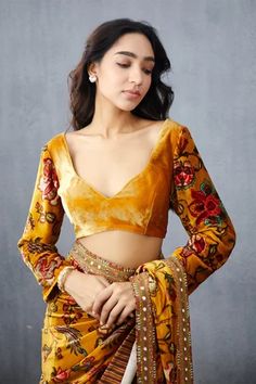 Shop for Torani Yellow Silk Velvet Sunehra Makhmal Enakshi Blouse for Women Online at Aza Fashions Velvet Blouse Design, Velvet Outfits, Latest Blouse Neck Designs, Draping Ideas, Blouse Necklines, Halter Neck Blouses, Kerala House, Bridal Chura, Saree Draping