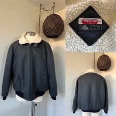 1960's Vintage Bomber Jacket ~ Men's Dark Gray Wool, Two Front Pockets and Two Inside Pockets, Great Quality & Condition  The last photo shows a few marks on the inside lining.  Measurements ~  Chest ~ 50  Inch Waist ~ 48  Inch Sleeves ~ 25 Inch Uncuffed Shoulder to Shoulder ~ 22 Inch Length ~ 31 Inch Vintage Collared Winter Outerwear, Vintage Sport Coat With Pockets For Cold Weather, Fitted Vintage Outdoor Outerwear, Retro Wool Sport Coat For Winter, Vintage Lined Outerwear For Winter, Vintage Lined Winter Outerwear, Vintage Sport Coat For Fall And Cold Weather, Vintage Fall Sport Coat For Cold Weather, Retro Outerwear With Pockets