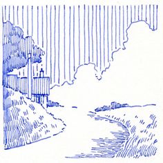 an ink drawing of a house on the side of a road with rain coming down