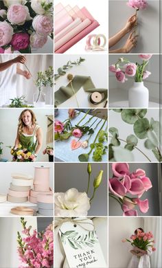 a collage of pink and white flowers, greenery, candles, cards, vases