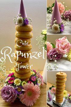 - MATERIALS -
Sponge for flowers
Bowl
Cake stick
Cake base.
Lilac colored cardboard
Glue gun.
Donuts
Fresh flowers

- FLOWERS -
Rose
Gerberas
Daisies
Mist Unicorn Theme Cake, Princess Tea Party Birthday, Rapunzel Tower