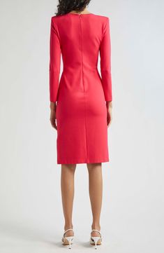 An asymmetric neck and side ruching punctuate an elegant body-con dress fashioned in a vibrant hue. Hidden back-zip closure Asymmetric neck Long sleeves Lined 77% viscose, 17% polyamide, 6% elastane Dry clean Made in Italy Elegant Red Bodycon Dress With Asymmetrical Neckline, Fitted Bodycon Dress With Side Zipper And Asymmetrical Neckline, Fitted Midi Dress With Side Zipper For Cocktail, Long Sleeve Jersey, Nordstrom Dresses, Emporio Armani, Fashion Dresses, Bodycon Dress, Dry Clean