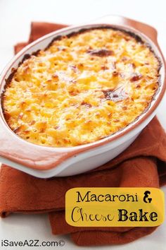 macaroni and cheese bake in a white dish on top of a red napkin