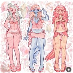 three pretty girls in pink and blue outfits