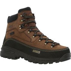 the men's hiking boots are brown and black