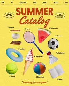 an advertisement for a summer catalog with various items