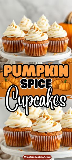 pumpkin spice cupcakes with white frosting and sprinkles on top