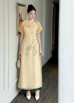 Very elegant design Elegant Ao Dai With Floral Embroidery For Spring, Full Length Beige Dress For Spring, Beige Full Length Dress For Spring, Beige Full-length Dress For Spring, Elegant Yellow Banquet Dress, Elegant Floral Embroidered Ao Dai For Summer, Gold Floral Embroidery Dress For Spring, Elegant Fitted Apricot Dress, Elegant Short Sleeve Ao Dai For Festive Occasions