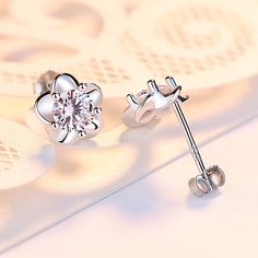 Fashion Element: Flowers Style: Fresh Silver Cubic Zirconia Flower Earrings As Gift, Silver Cubic Zirconia Flower Earrings For Gift, Classic Silver Flower Earrings For Gift, Purple Diamond, Earplugs, White Diamond, Cherry Blossom, Women's Earrings, Diamond Earrings