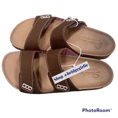 Skechers Two Strap Sandals Brown Adjustable Straps Relaxed Fit And Roomier Toe Area Easy Comfort With Luxe Foam Footbed Slip-On Soft Lined Upper Upper: 100% Textile Outsole: 100% Eva Casual Footbed Sandals With Ortholite Insole For Vacation, Casual Footbed Sandals With Ortholite Insole For The Beach, Brown Footbed Sandals With Ortholite Insole For Beach, Skechers Slip On, Brown Suede Loafers, Shoes Skechers, Two Strap Sandals, Skechers Relaxed Fit, Skechers Bobs