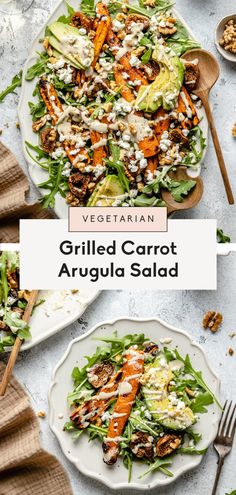 grilled carrot arugula salad on a white plate