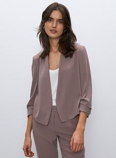 POWER SHORT BLAZER - Cropped 3/4 rolled sleeve blazer Elegant Open Front Blazer, Fitted Open Front Elegant Blazer, Elegant Fitted Open Front Blazer, Elegant Open Front Formal Blazer, Formal Open Front Blazer For Fall, Elegant Open Front Outerwear For Office, Fall Formal Open Front Blazer, Elegant Open Front Workwear Blazer, Elegant Open Front Blazer For Workwear