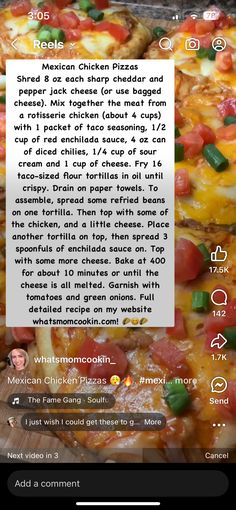 the recipe for mexican chicken pizza is displayed on an iphone screen, with text added