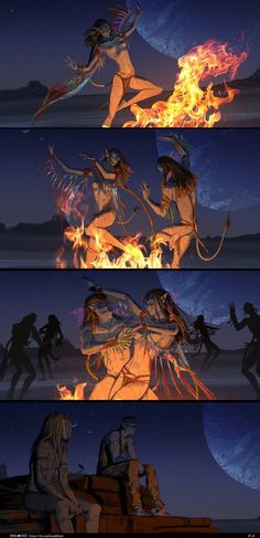 an animated scene shows two women sitting on a bench in front of fire and flames