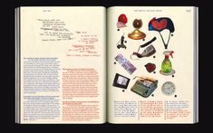 an open book with various items in it