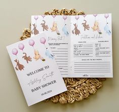 two baby shower games sitting on top of a basket