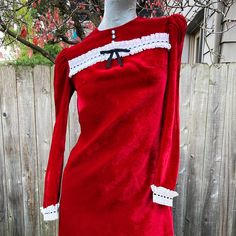 Shoulders 14.5 inches Sleeves 24 inches Bust 34 inches Waist 30 inches Hips 38 inches Length 34 inches Excellent condition. Red Long Sleeve Mini Dress For Costume Party, Vintage Long Sleeve Mini Dress For Costume Party, Red Vintage Mini Dress For Party, Retro Red Long Sleeve Mini Dress, Retro Red Dress For Costume Party, Retro Fitted Christmas Dress, Retro Long Sleeve Vintage Dress For Costume, Retro Long Sleeve Vintage Costume Dress, Red Knee-length Dress For Vintage Fashion