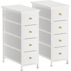 two white dressers with gold handles on each one and the other side is closed