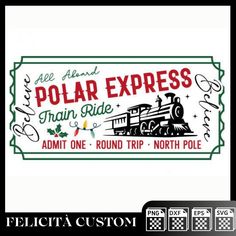 the polar express train ride ticket is shown in black and white, with red lettering