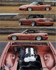 two pictures of a car with the hood open