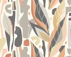 an abstract wallpaper with leaves and shapes in shades of grey, pink, orange, yellow and white