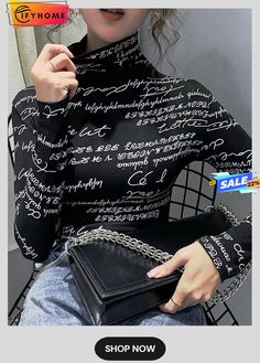 Daily Long Sleeve Regular Fit Text Letters Turtleneck T-shirt Black Letter Print T-shirt For Winter, Winter Black Tops With Letter Print, Black Letter Print Tops For Winter, Winter Black Text Print Tops, Winter Black Tops With Text Print, Black Winter Top With Text Print, High Collar Shirts, Vintage Letters, Women Turtleneck