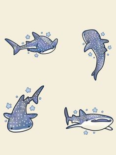 four different types of sharks swimming in the ocean with bubbles and stars on their backs