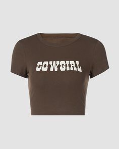 Model (WearingS):• Height: 175cm | Bust: 78cm | Waist: 57cm | Hips: 86cmDetails: Cropped T-shirt with front "Cowgirl" letter printLength: CroppedSleeve Length: Short sleevesMaterials:95% Polyester + 5% Spandex Cute Brown Crew Neck T-shirt, Brown Short Sleeve T-shirt With Letter Print, Brown Short Sleeve Tops With Letter Print, Cute Brown T-shirt For Summer, Brown Short Sleeve Tops With Screen Print, Brown Short Sleeve Top With Screen Print, Brown Letter Print Top For Summer, Brown Crew Neck Top With Letter Print, Y2k Style Letter Print Crew Neck Cropped T-shirt