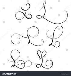 set of calligraphy letters in the form of swirls and hearts on white background