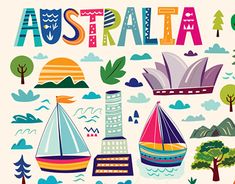 an illustration of australia with boats, trees and mountains in the background that says australia