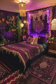 a bed room with a neatly made bed and lots of lights