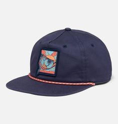 A vintage-inspired 5-panel snap-adjustable hat. Vintage 5-panel Travel Hat, Vintage 5-panel Hat For Outdoor Activities, Adjustable Navy Snapback Hat, Vintage Adjustable 5-panel Snapback Hat, Retro Blue 5-panel Trucker Hat, Blue Adjustable 5-panel Trucker Hat, Retro Blue Six-panel Baseball Cap, Retro Snapback Hat With Curved Brim For Outdoor Activities, Retro Snapback Hat With Curved Brim For Outdoor