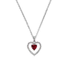 Reveal your inner romantic with this shapely heart pendant graced with glittery Diamonique simulated diamonds that surround a Diamonique simulated ruby focal point. Red Heart-shaped Diamond Necklace, Red Heart Cut Diamond Accent Jewelry, Red Heart Cut Diamond Accented Jewelry, Red Heart-shaped Brilliant Cut Jewelry, Red Heart Shaped Brilliant Cut Jewelry, Red Heart Cut Jewelry With Diamond Accents, Red Heart-cut Cubic Zirconia Necklace, Red Heart Cut Cubic Zirconia Necklace, Red Heart Pendant Necklace With Diamond Accents