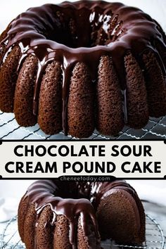 a chocolate sour cream pound cake on a cooling rack