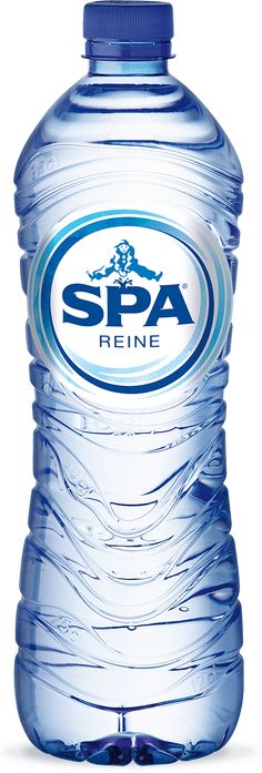 a large bottle of water with the word spa on it's label in blue and white