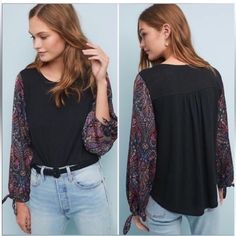 Anthropologie Long Sleeved Shirt, Black With Floral Sleeves, Xs, Nwt Black Cotton Blouse For Layering, Black Blouse For Layering In Fall, Casual Black Blouse For Layering, Black Blouse For Fall Layering, Black Fitted Bohemian Tops, Fitted Black Bohemian Tops, Casual Black Blouse For Fall, Neutral Shirt, Floral Sleeves