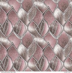 a pink and silver wallpaper pattern with metallic leaves on the top, as well as an