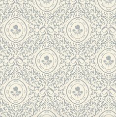 a white and blue wallpaper with an ornate design