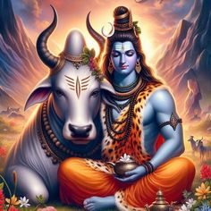 a painting of the god sitting next to a cow