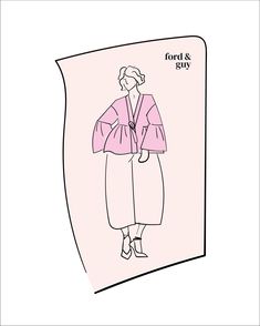 a drawing of a woman wearing a pink coat and black shoes with the words ford & bj on it