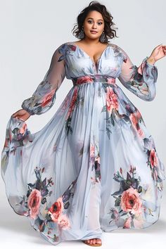 Xpluswear Design Plus Size Wedding Guest Grey Floral V Neck Long Sleeve See Through Chiffon Maxi Dresses - Xpluswear Chiffon Maxi Dresses, Plus Size Wedding Guest Dress, Plus Size Vacation, Plus Size Wedding Guest, Dresses Occasion, Plus Size Wedding Guest Dresses, Plus Size Formal, Plus Size Formal Dresses, Grey Maxi Dress