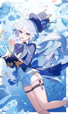 an anime character with long white hair and blue eyes holding a book in her hand