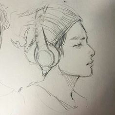 two drawings of people with headphones on their ears, one is looking at the other