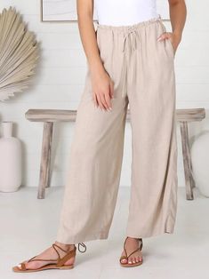 Light Khaki Casual Solid Plain Pants Linen Ankle Pants, Cotton Casual Pants, Plain Pants, Cotton Linen Pants, Solid Color Shirt, Casual Tops For Women, Type Of Pants, Pants Straight, Linen Clothes