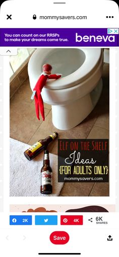 a bottle of beer sitting on top of a toilet next to a red elf figurine