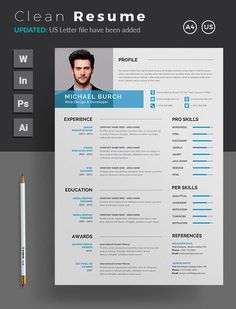 a clean and modern resume template with blue accents on the front, black border around the page