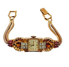 Art Deco 14k pink gold watch with Diamonds Citrine and Ruby's Geneve Art Deco Watch, Nouveau Jewelry, Good Color Combinations, Deep Orange, Art Nouveau Jewelry, Mechanical Movement, Color Combination, Super Cool, Orange Yellow