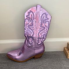 Never Worn Metallic Purple Boots Purple Round Toe Boots For Spring, Summer Purple Round Toe Boots, Purple Synthetic Boots For Spring, Purple Synthetic Spring Boots, Casual Purple Pointed Toe Boots, Womens Black Cowboy Boots, Brown Wedge Boots, Brown Western Boots, White Cowgirl Boots